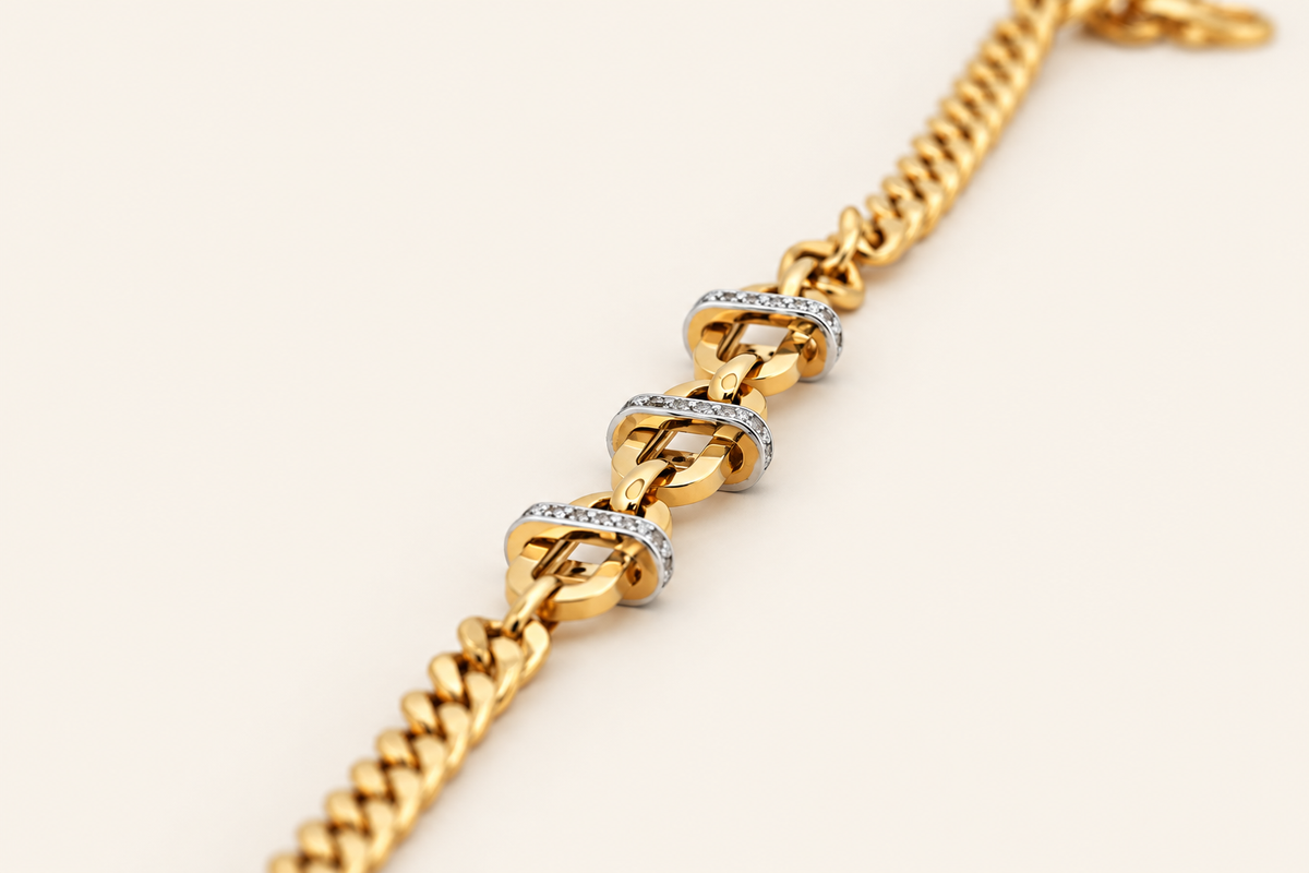 10K Gold Curb Bracelet with Three Stone-Set Spacers — view 3