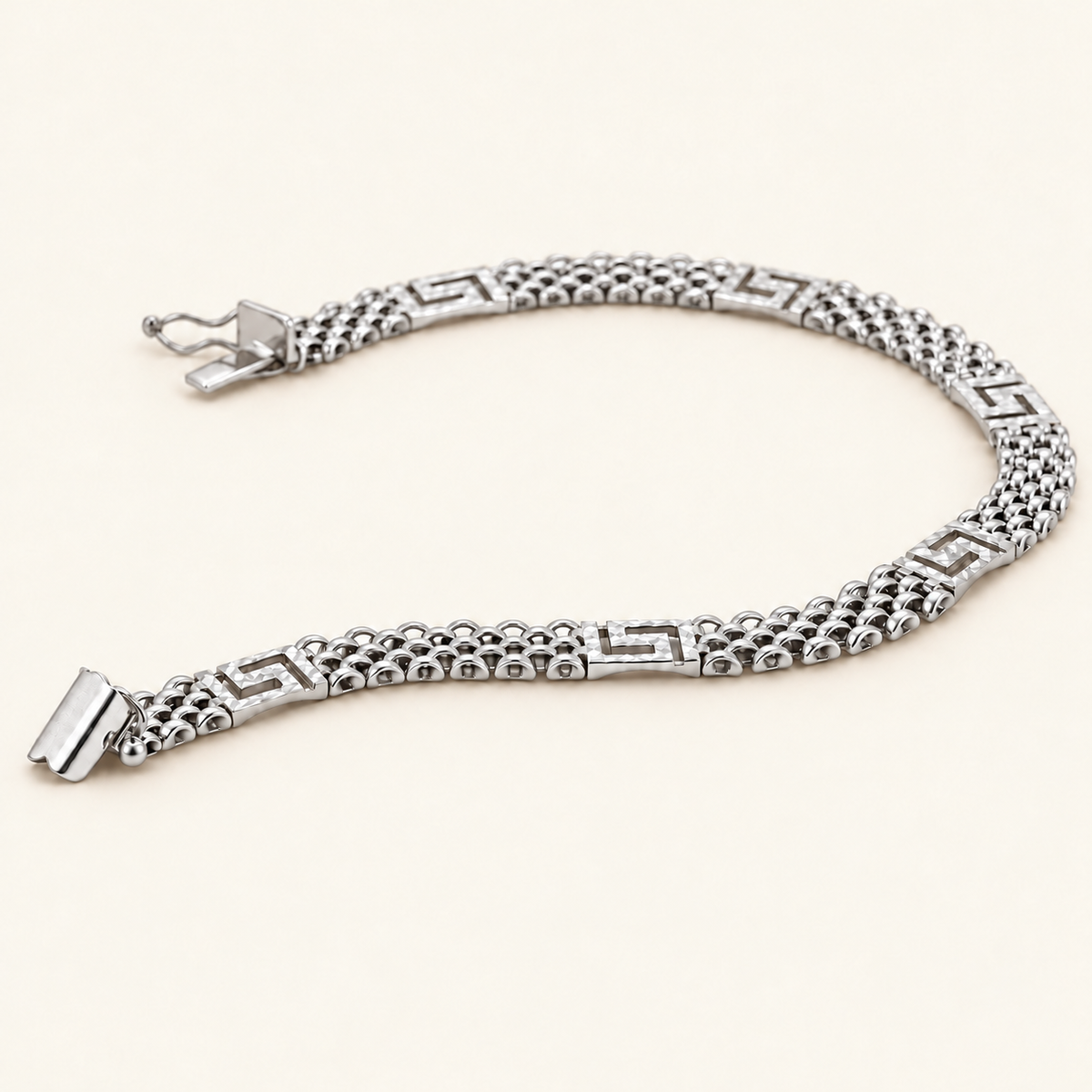 10K Gold Greek-Key Mesh Bracelet — White Gold