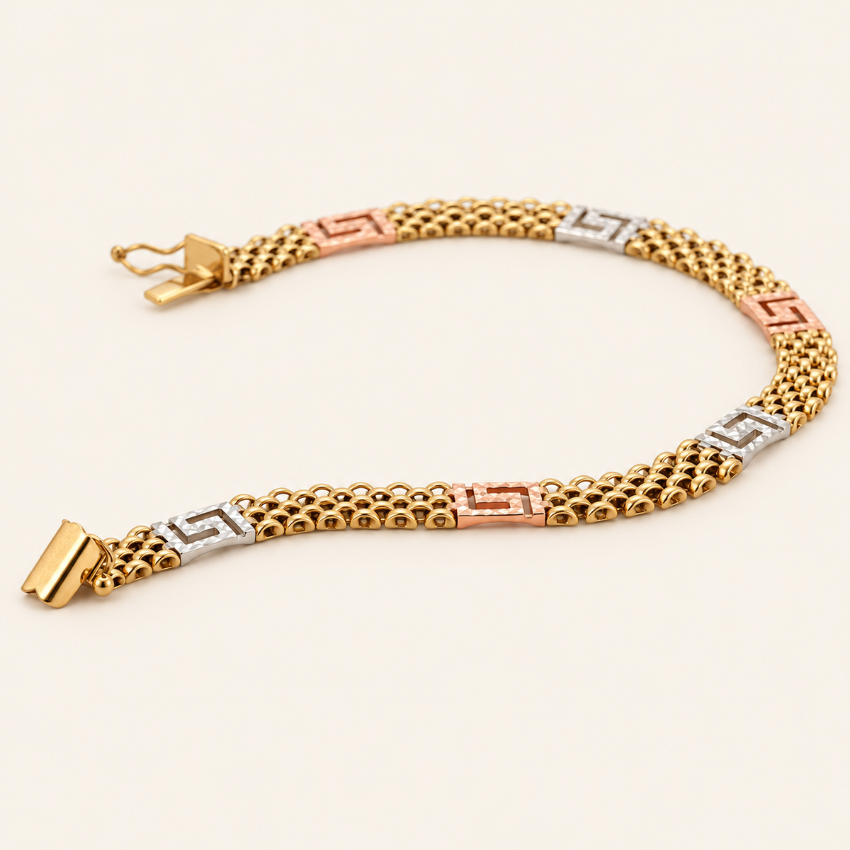 10K Gold Three-Tone Greek-Key Mesh Bracelet — view 1