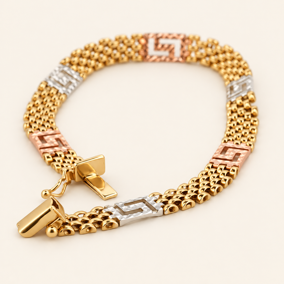 10K Gold Three-Tone Greek-Key Mesh Bracelet — view 2