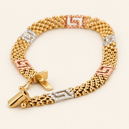 10K Gold Three-Tone Greek-Key Mesh Bracelet — view 2