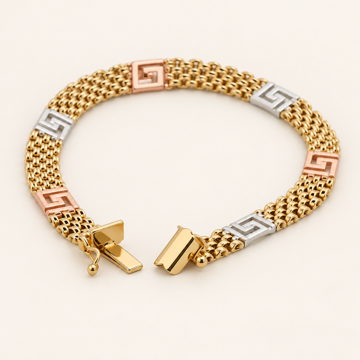 10K Gold Three-Tone Greek-Key Mesh Bracelet — view 3