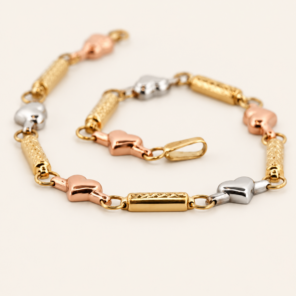 10K Gold Three-Tone Heart-and-Bar Bracelet — view 3