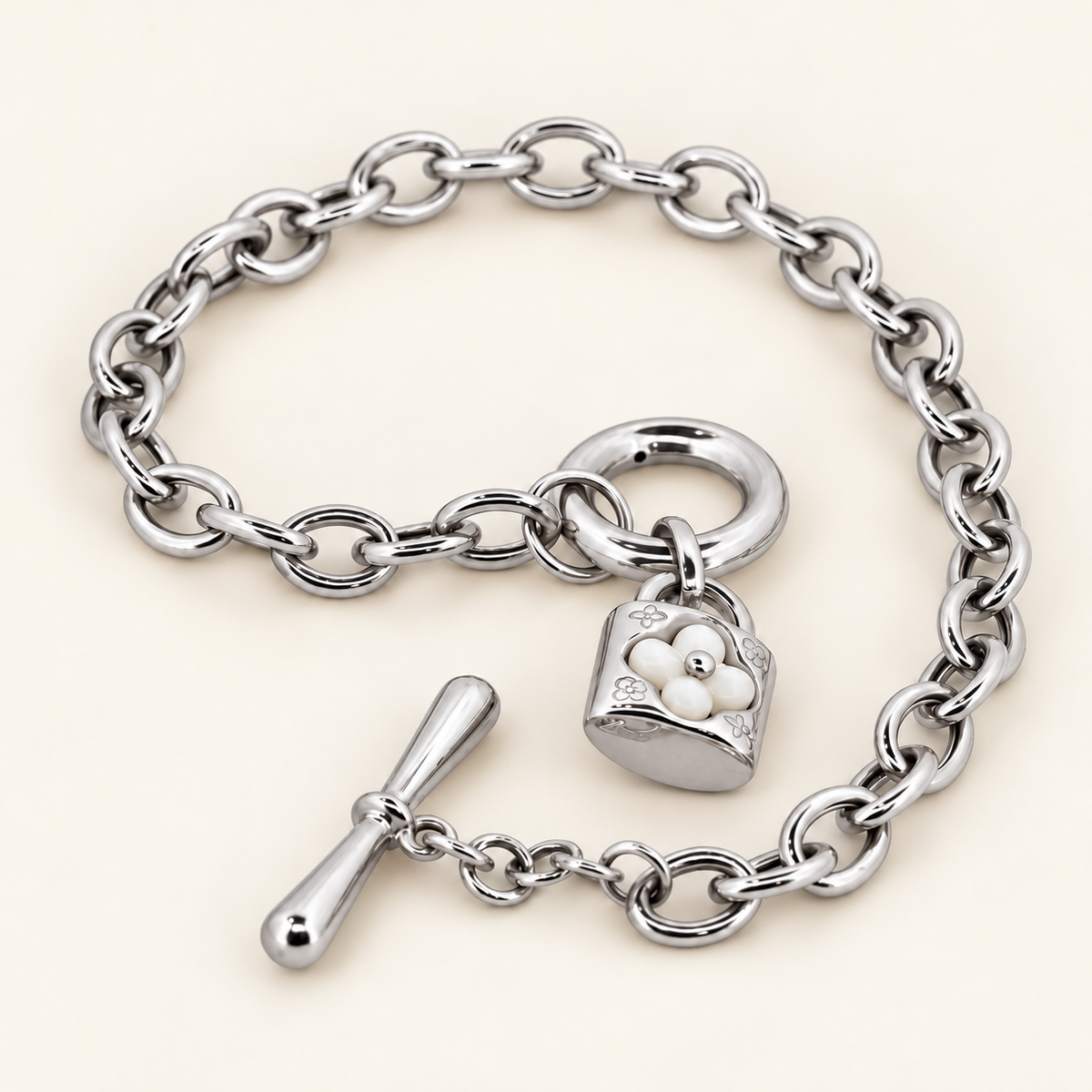 10K Gold Flower Padlock Toggle Bracelet — White Gold