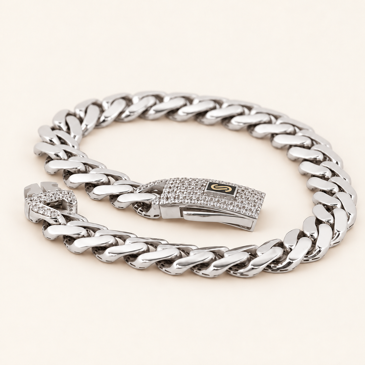 10K Gold Curb Bracelet with Stone-Set Clasp — White Gold