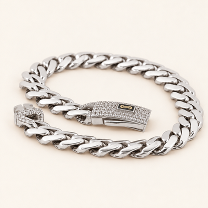 10K Gold Curb Bracelet with Stone-Set Clasp — White Gold