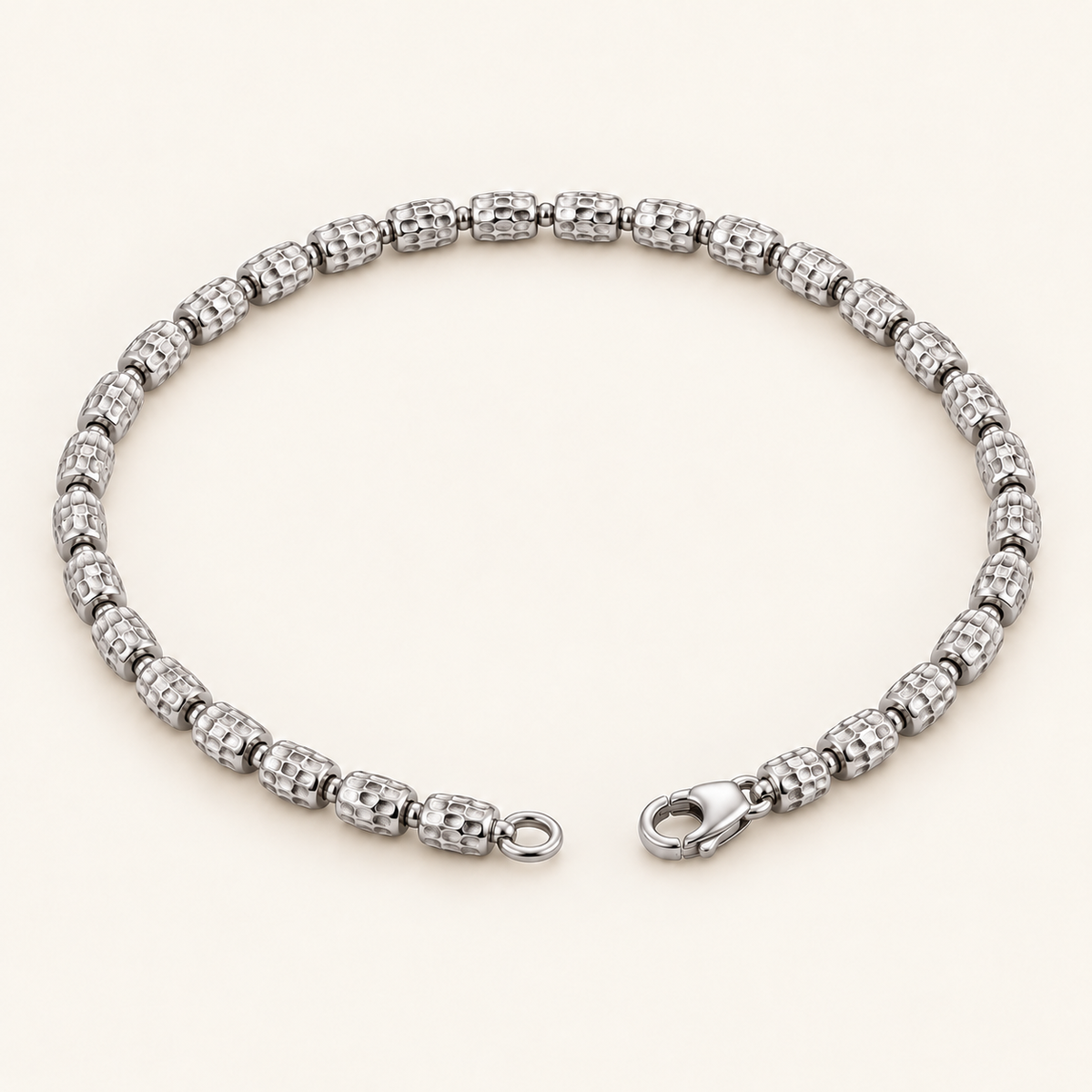 10K Gold Textured Barrel-Bead Bracelet — White Gold