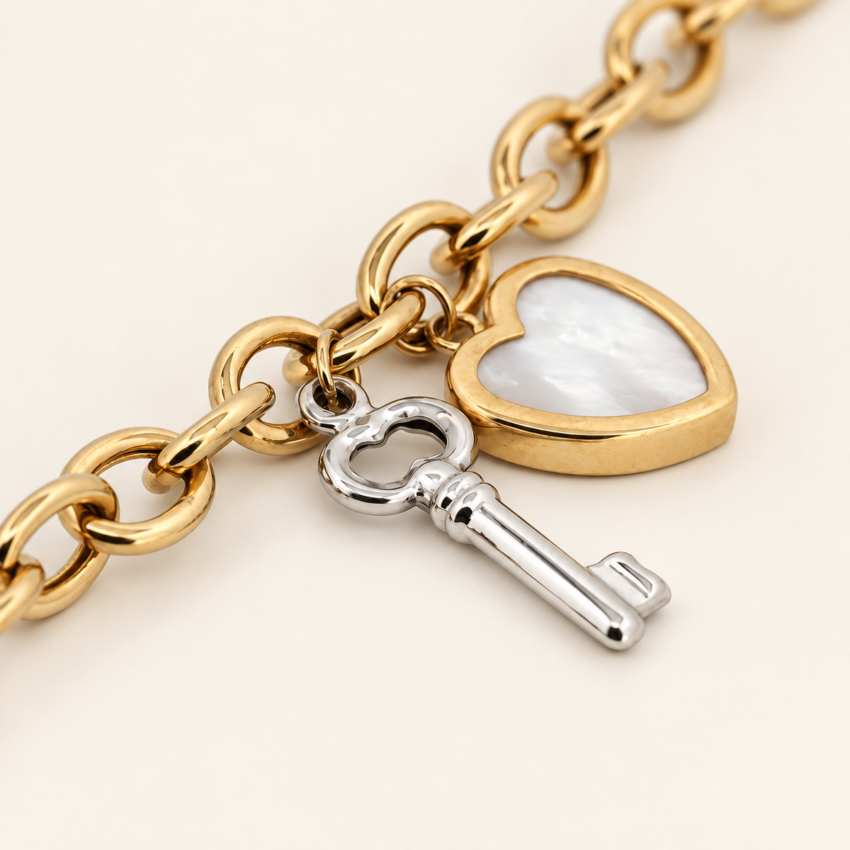 10K Gold Heart-and-Key Charm Bracelet — view 1