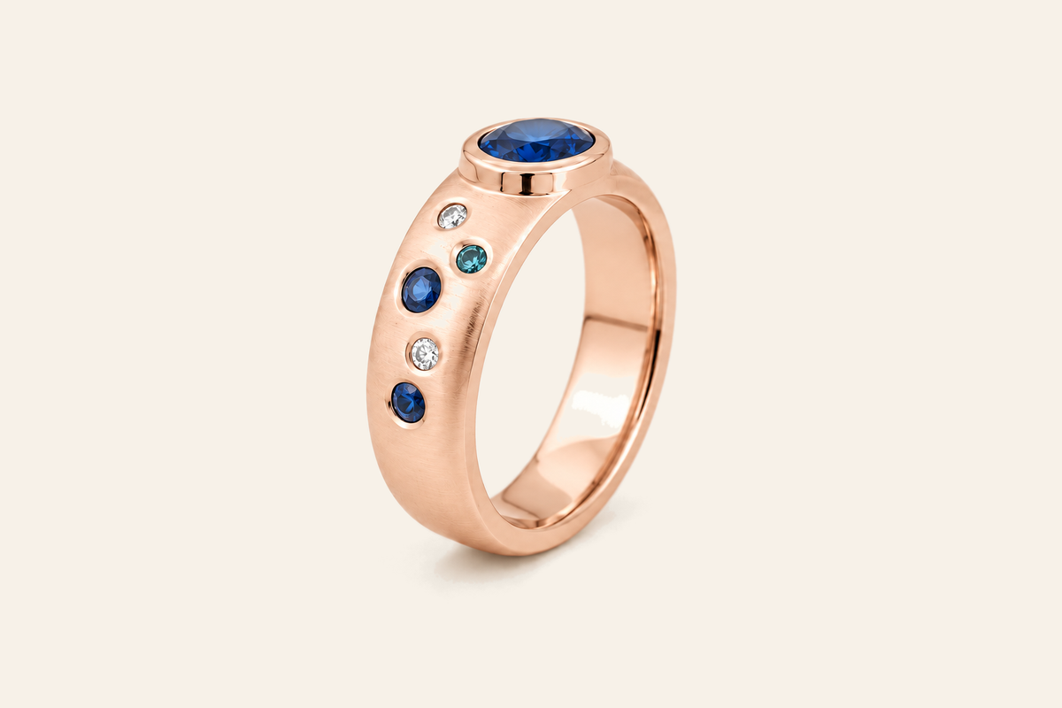 18K Gold Sapphire & Diamond Wide Band Ring