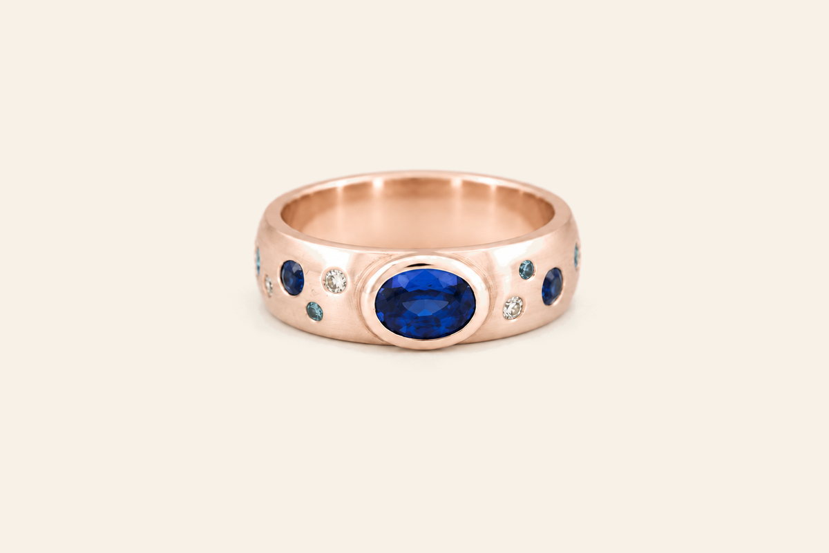 18K Gold Sapphire & Diamond Wide Band Ring