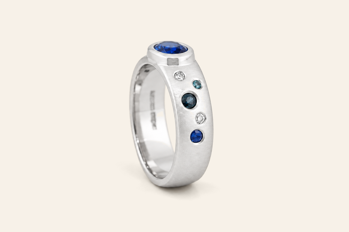 18K Gold Sapphire & Diamond Wide Band Ring