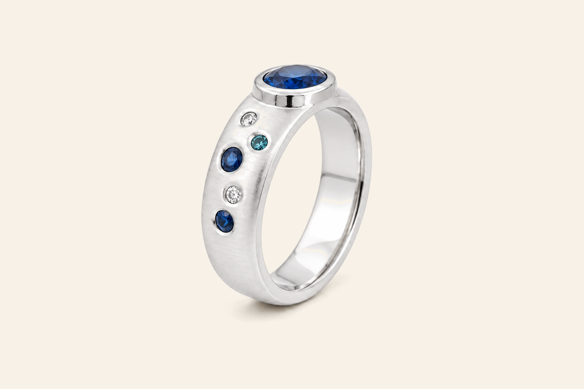 18K Gold Sapphire & Diamond Wide Band Ring