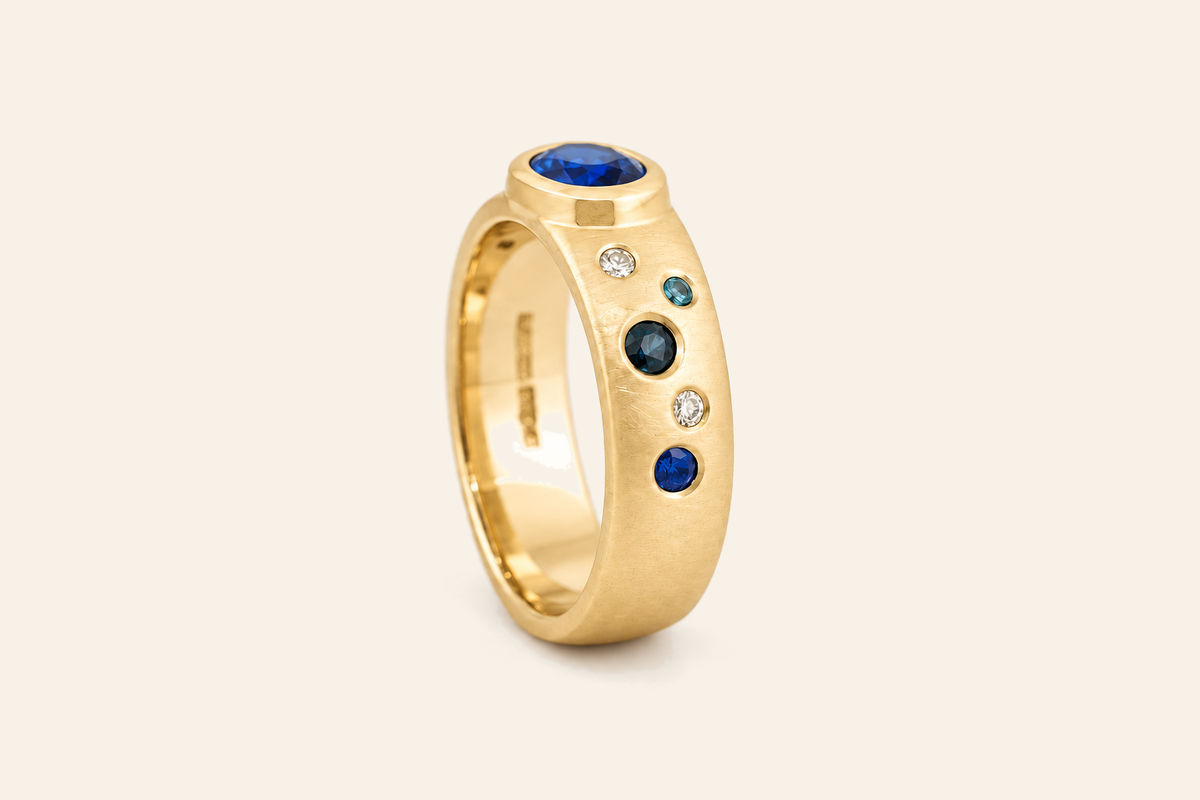 18K Gold Sapphire & Diamond Wide Band Ring