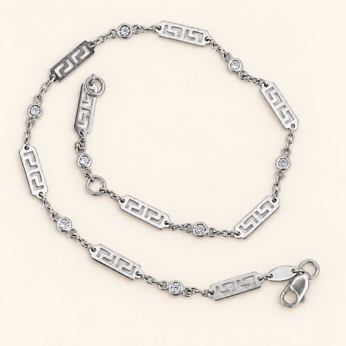 10K Gold Greek-Key Station Anklet — White Gold