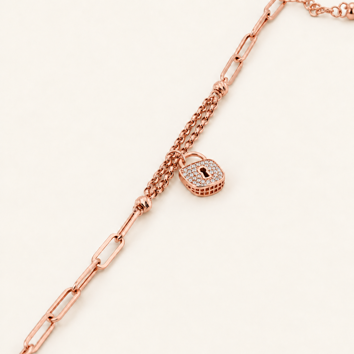 10K Gold Padlock Charm Split-Chain Bracelet — Rose Gold