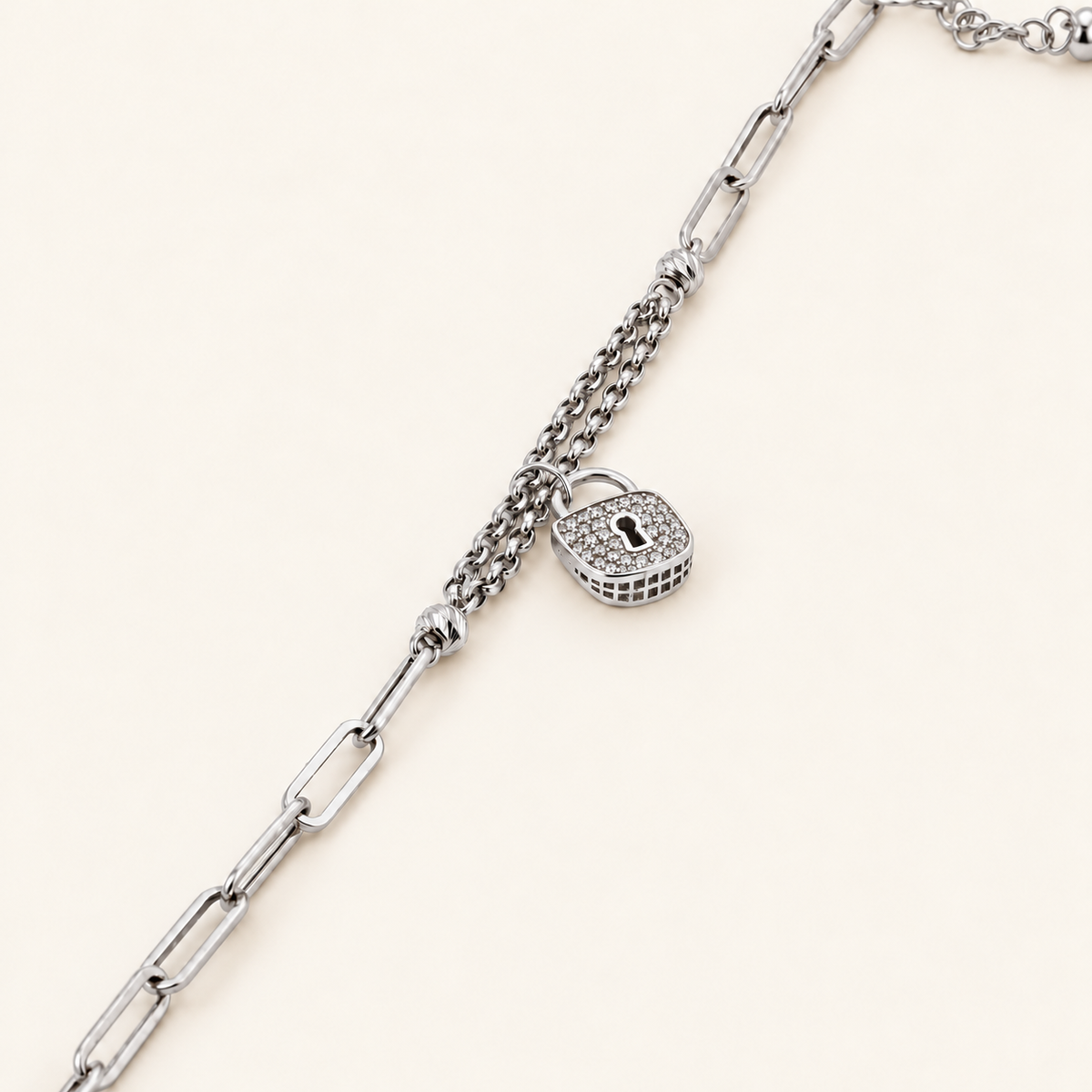 10K Gold Padlock Charm Split-Chain Bracelet — White Gold