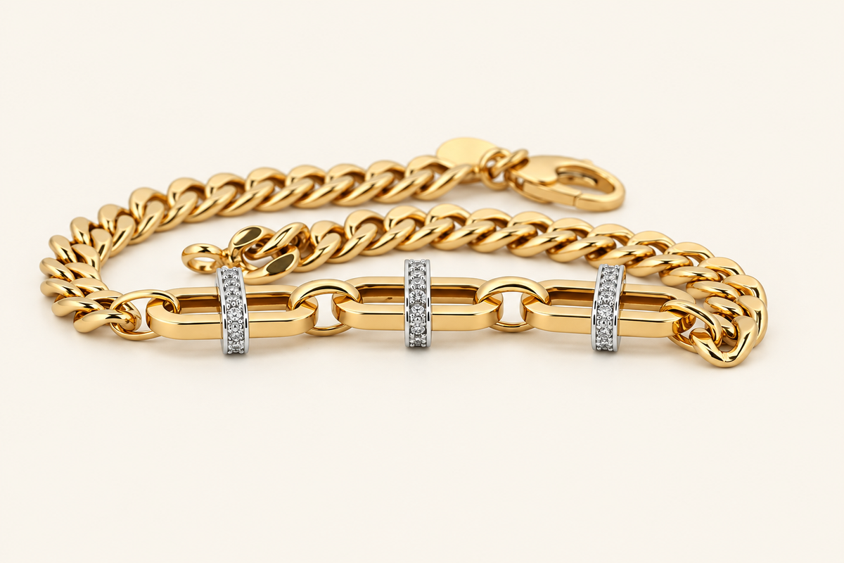 10K Gold Curb Bracelet with Three Stone-Set Spacers — view 2