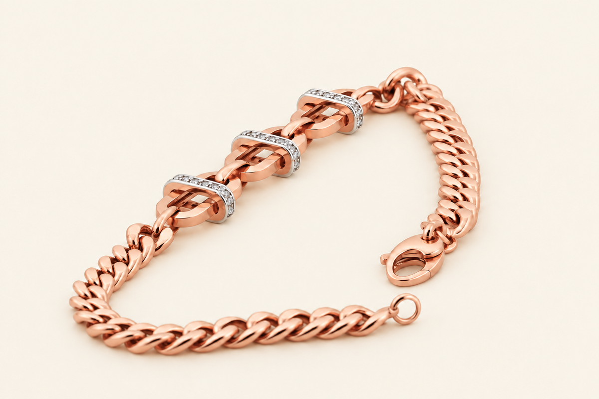 10K Gold Curb Bracelet with Three Stone-Set Spacers — Rose Gold