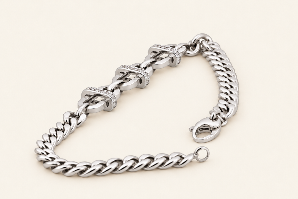10K Gold Curb Bracelet with Three Stone-Set Spacers — White Gold