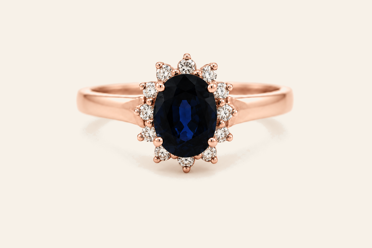 14K Gold Oval Sapphire & Diamond Halo Ring