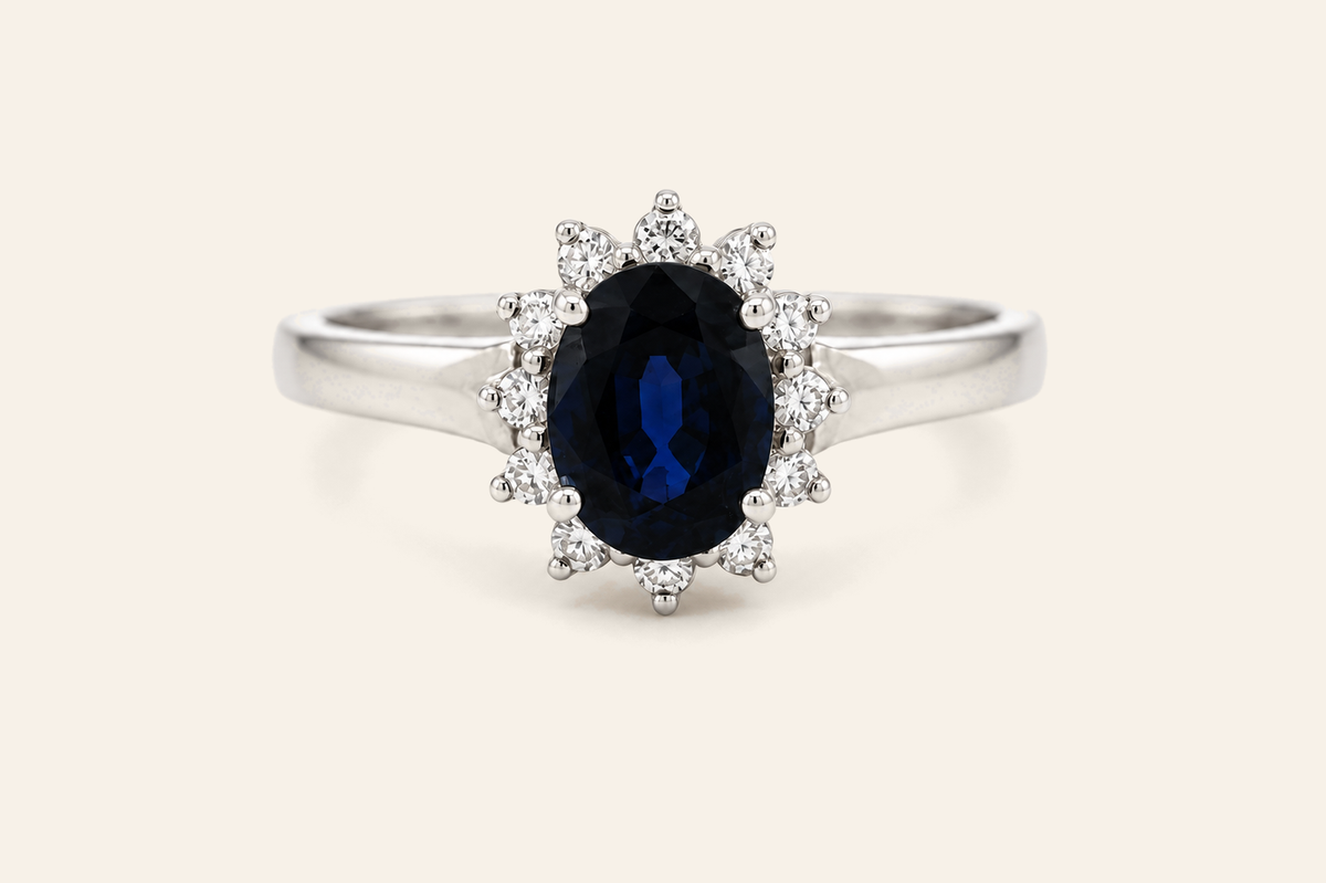14K Gold Oval Sapphire & Diamond Halo Ring