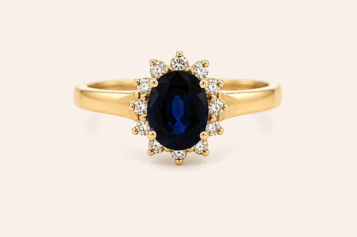 14K Gold Oval Sapphire & Diamond Halo Ring