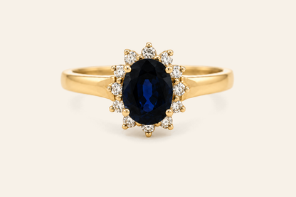 14K Gold Oval Sapphire & Diamond Halo Ring