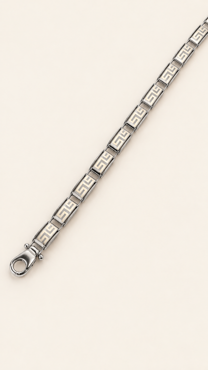 10K Gold Greek-Key Rectangular-Link Bracelet — White Gold