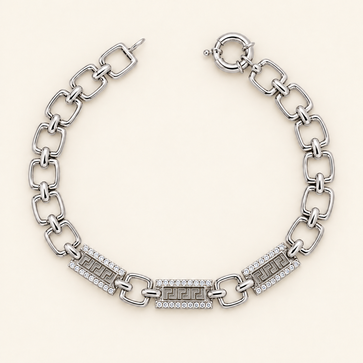 10K Gold Greek-Key Plaque Link Bracelet — White Gold