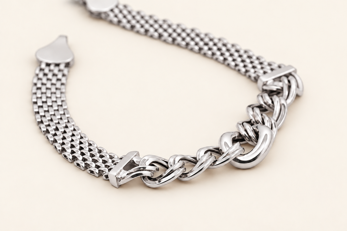 10K Gold Woven Bracelet with Curb Centre — White Gold