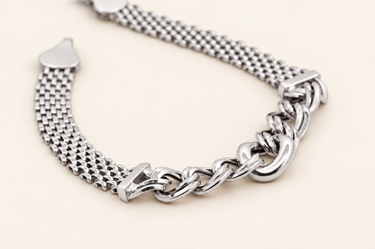 10K Gold Woven Bracelet with Curb Centre — White Gold
