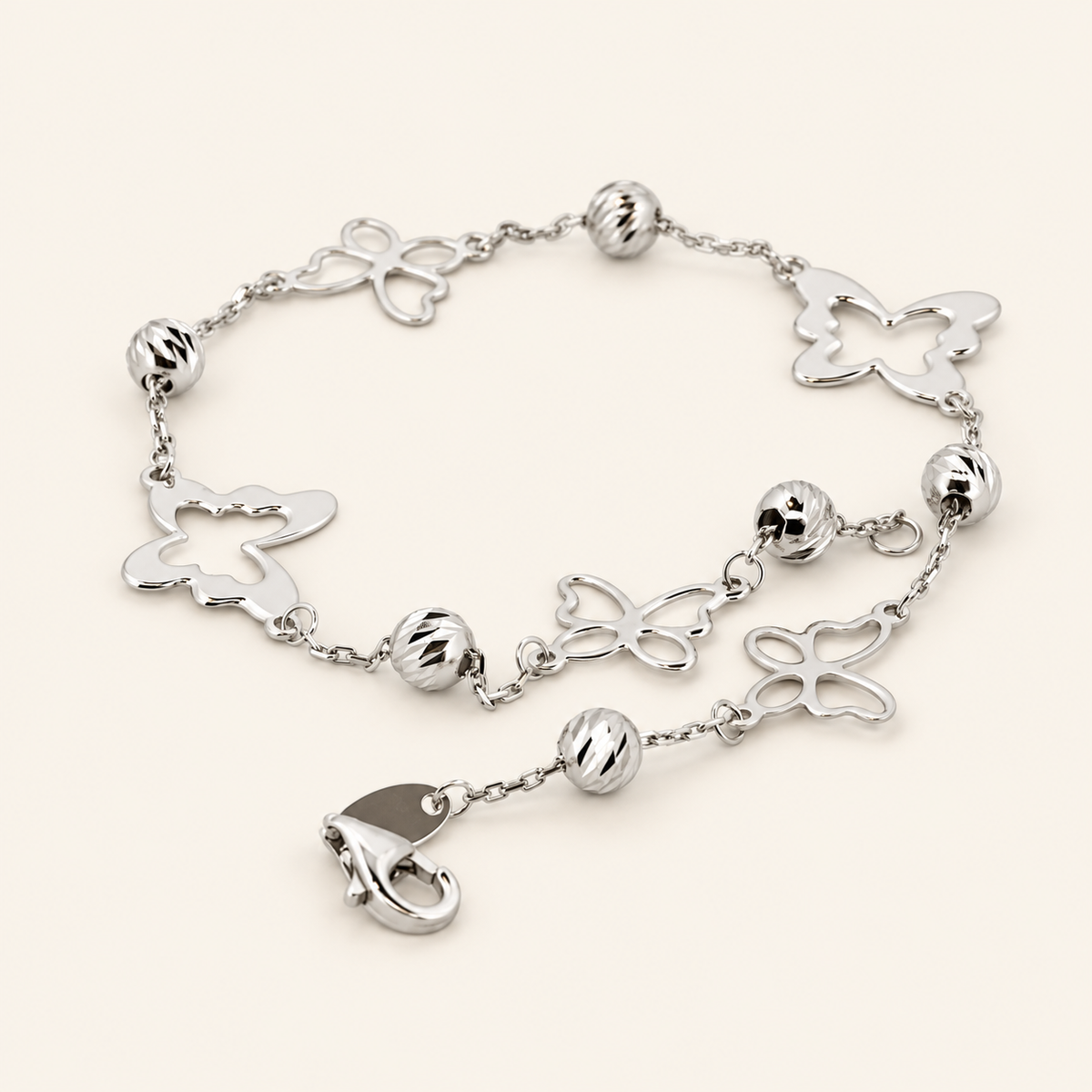 10K Gold Butterfly-and-Bead Bracelet — White Gold