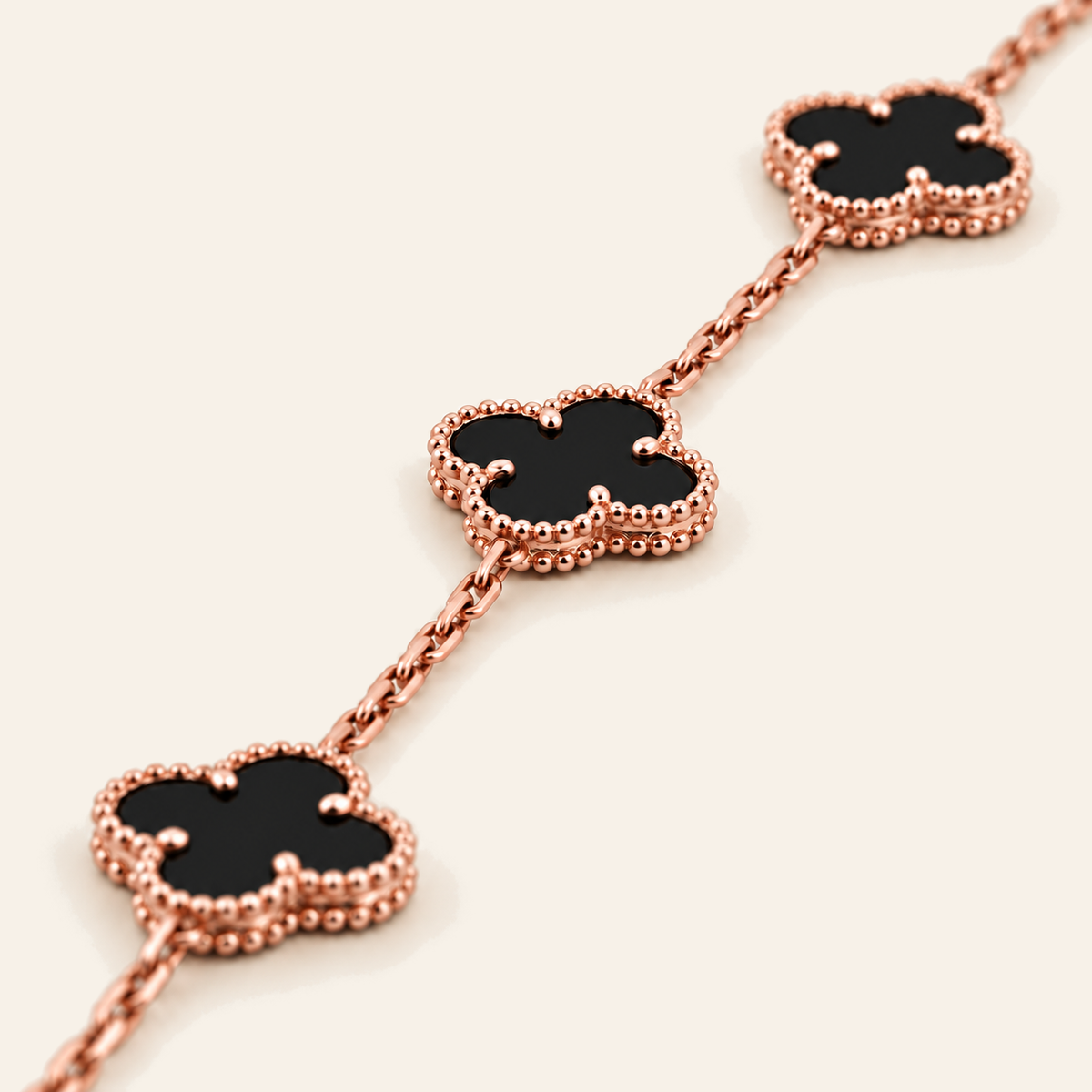 18K Gold Clover Motif Stone Bracelet — Rose Gold, black stone, view 4