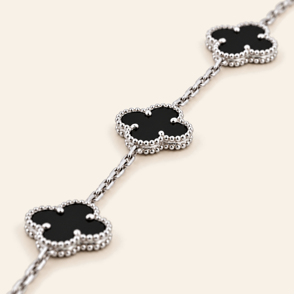 18K Gold Clover Motif Stone Bracelet — White Gold, black stone, view 4