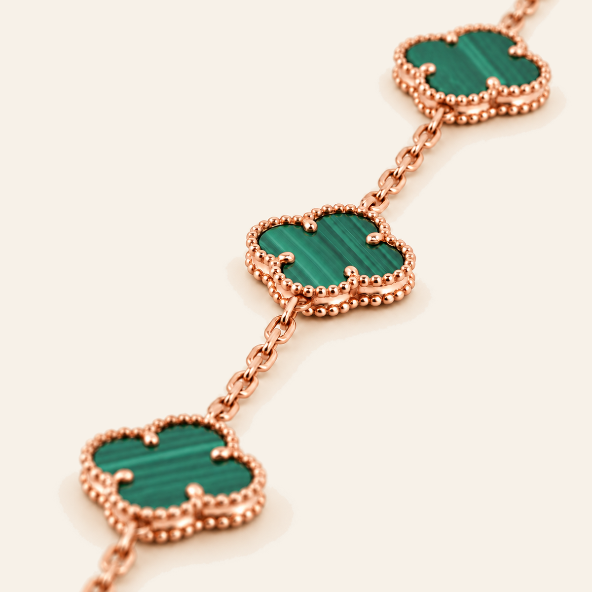 18K Gold Clover Motif Stone Bracelet — Rose Gold, green stone, view 1