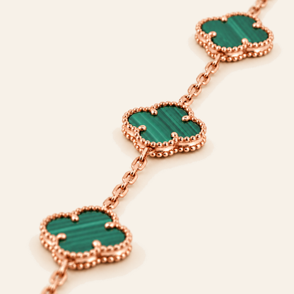 18K Gold Clover Motif Stone Bracelet — Rose Gold, green stone, view 1