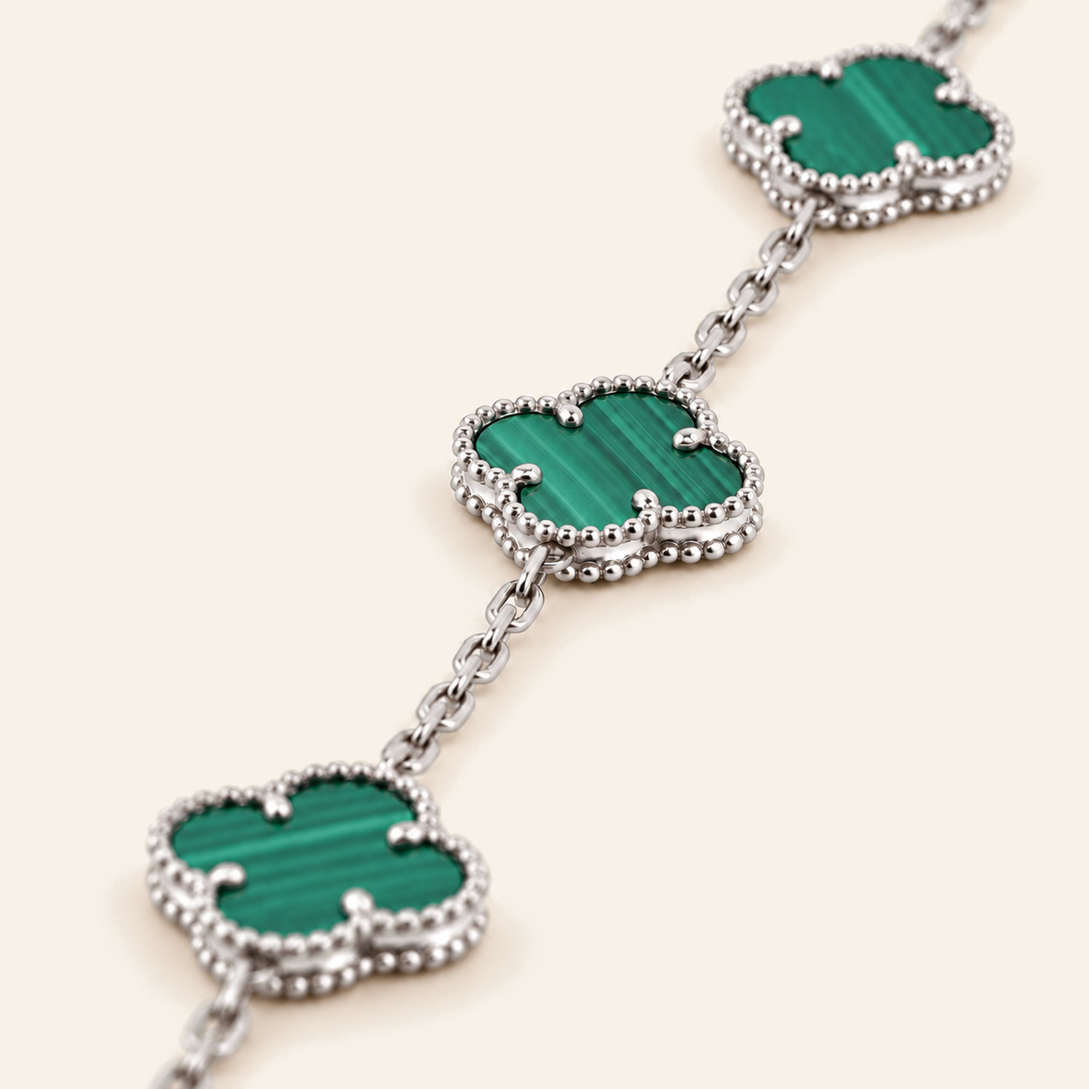 18K Gold Clover Motif Stone Bracelet — White Gold, green stone, view 1