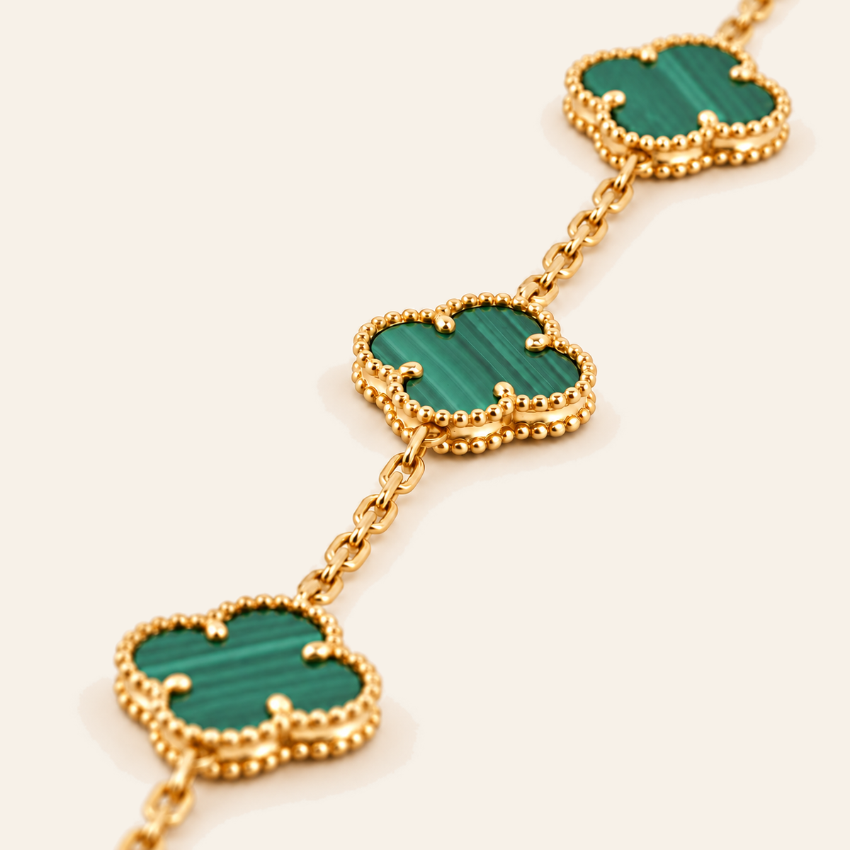 18K Gold Clover Motif Stone Bracelet — Yellow Gold, green stone, view 1