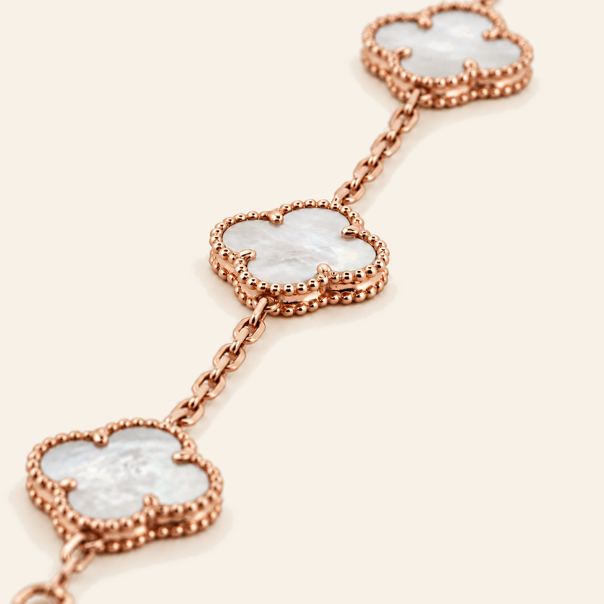 18K Gold Clover Motif Stone Bracelet — Rose Gold, white stone, view 3
