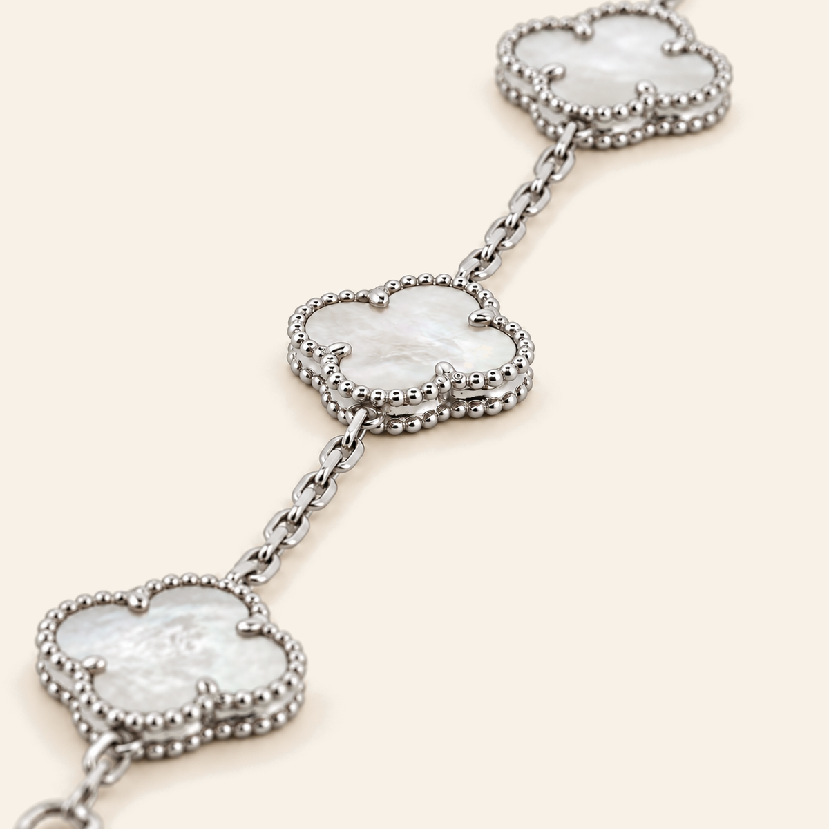 18K Gold Clover Motif Stone Bracelet — White Gold, white stone, view 3