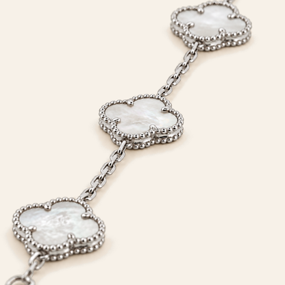 18K Gold Clover Motif Stone Bracelet — White Gold, white stone, view 3
