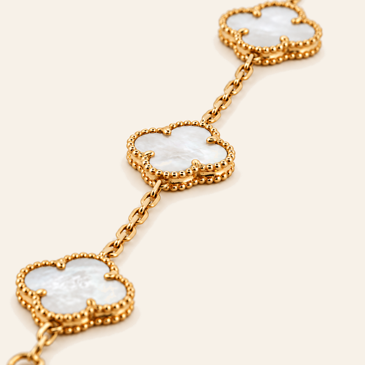 18K Gold Clover Motif Stone Bracelet — Yellow Gold, white stone, view 3