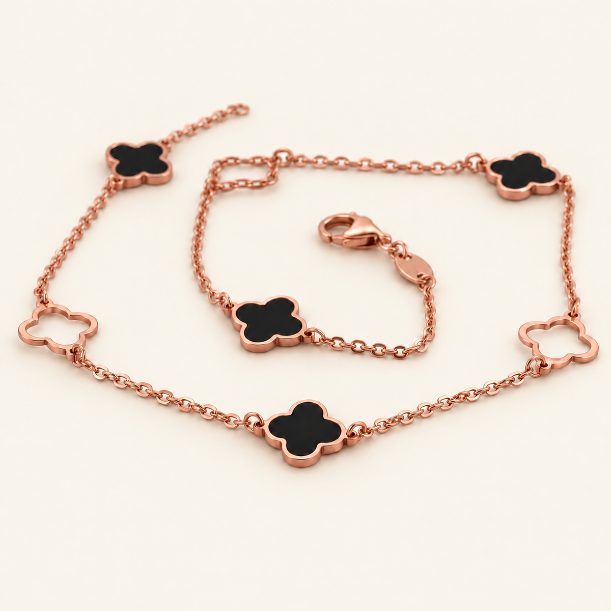10K Gold Black-Centre Clover Anklet — Rose Gold