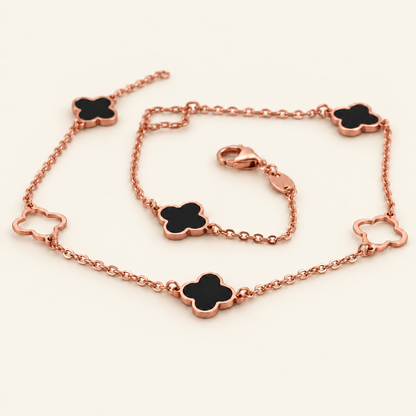 10K Gold Black-Centre Clover Anklet — Rose Gold