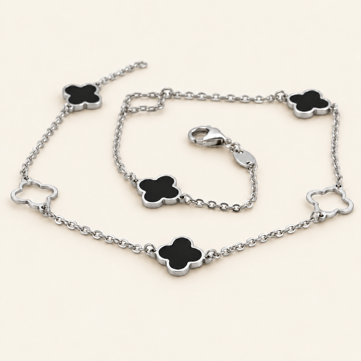 10K Gold Black-Centre Clover Anklet — White Gold
