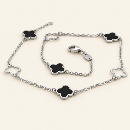 10K Gold Black-Centre Clover Anklet — White Gold