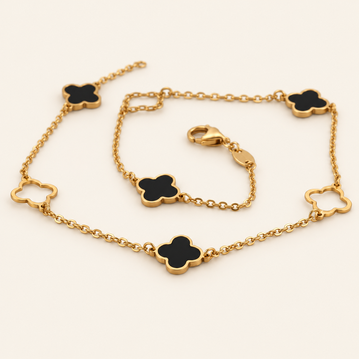 10K Gold Black-Centre Clover Anklet — Yellow Gold