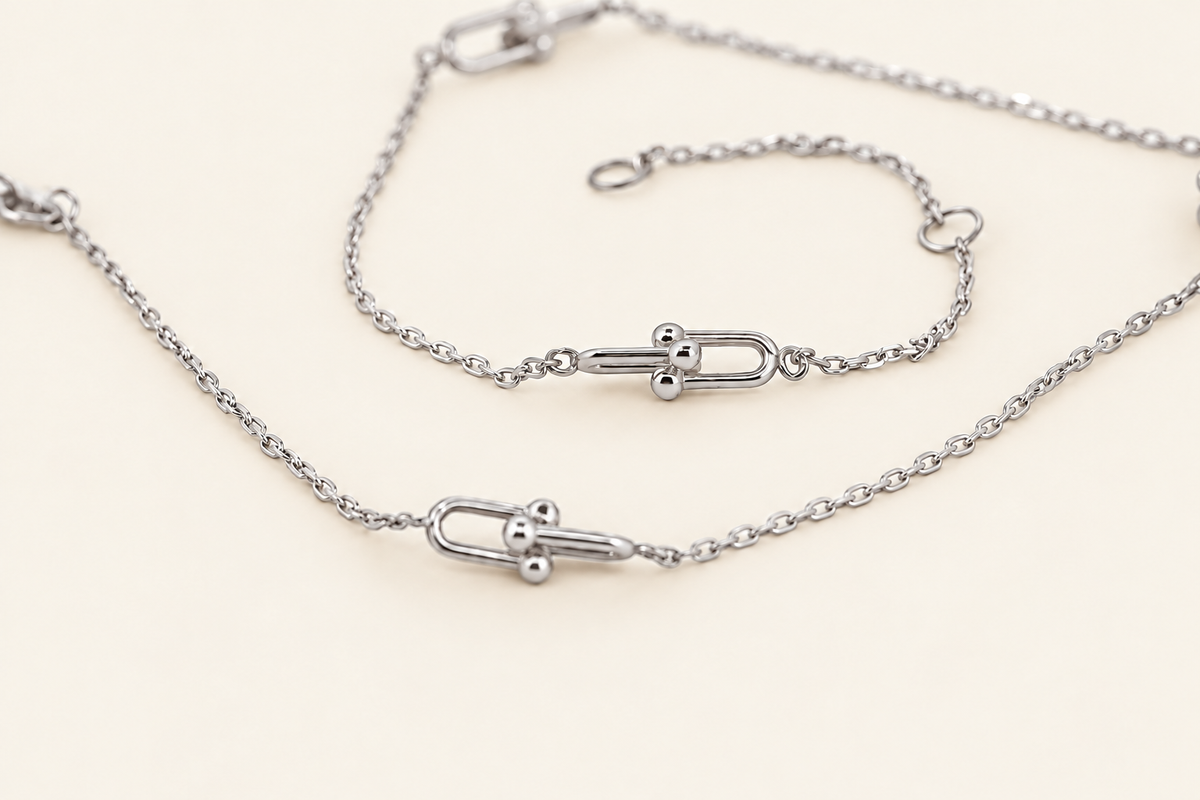 10K Gold Paperclip Station Anklet — White Gold