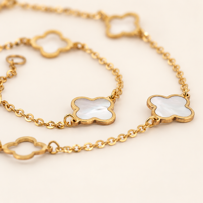 10K Gold White-Centre Clover Anklet — Yellow Gold