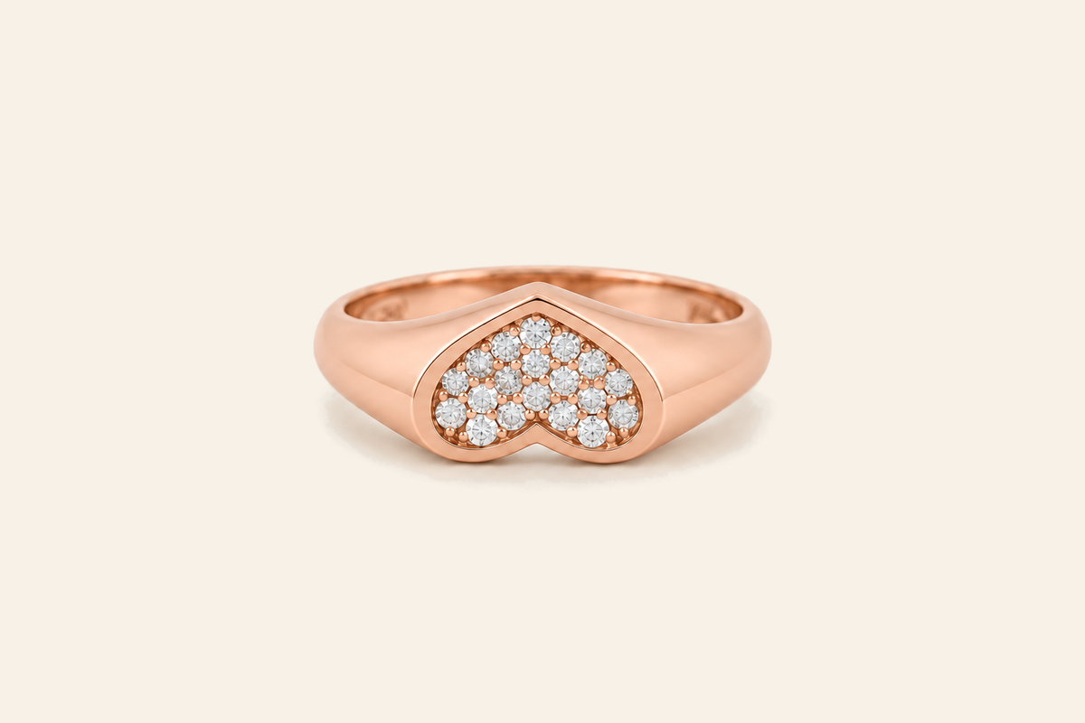 14K Gold Natural Diamond Heart Signet Ring